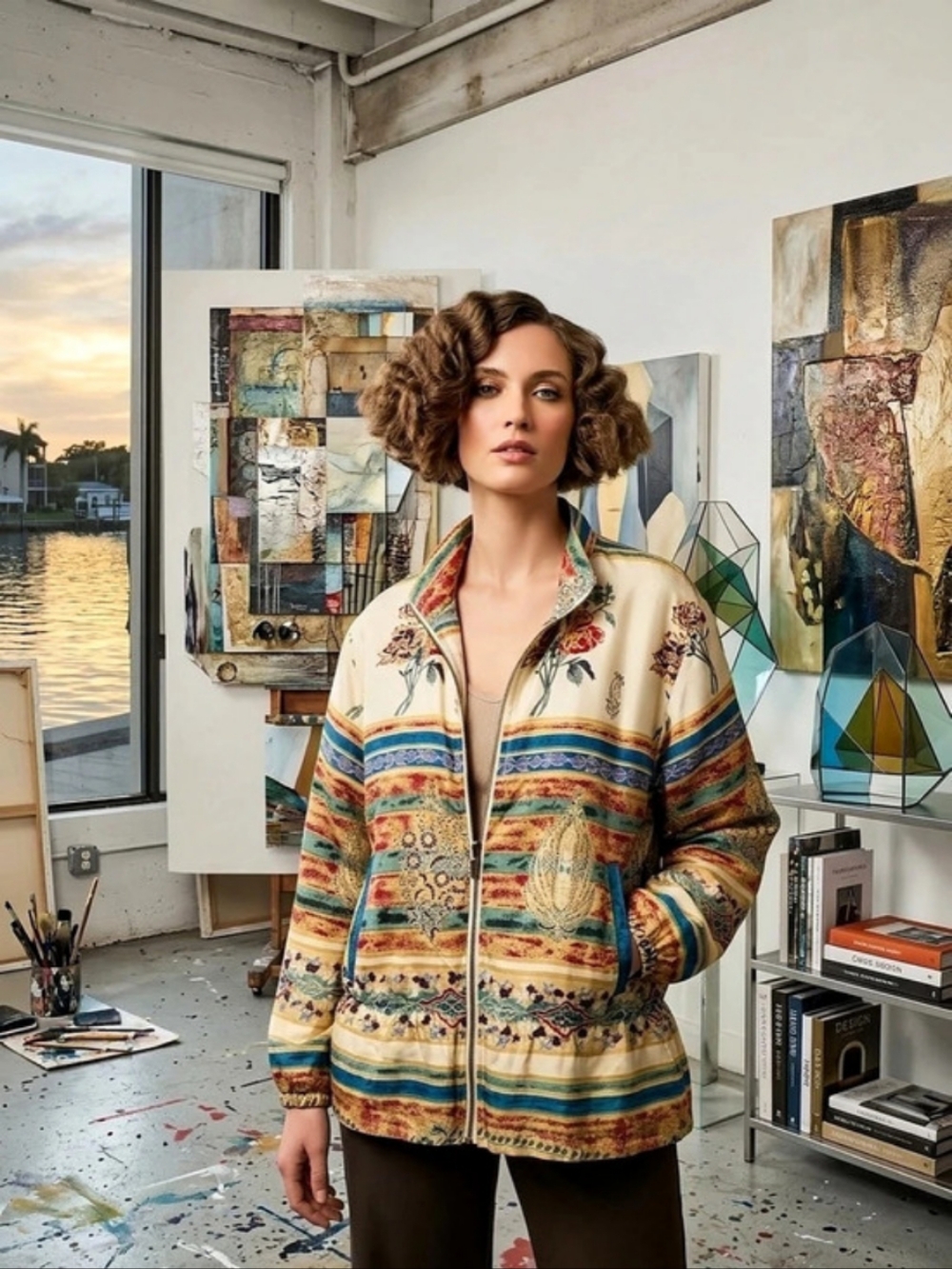 Petite Sophisticate Printed Zip Jacket in Cream & Blue Medium